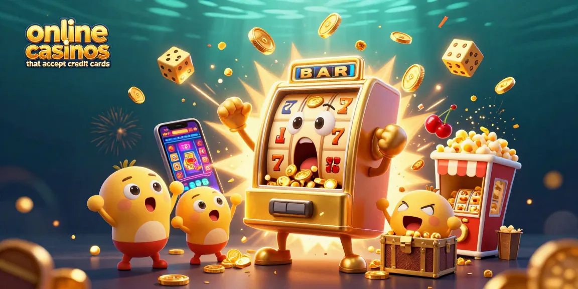 Online casinos that accept credit cards celebrate wins with golden slot machines and vibrant gameplay.