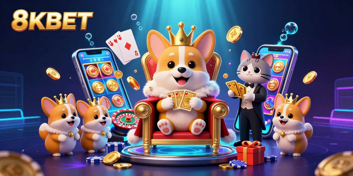8KBET's royal corgi character leads in a vibrant casino scene filled with games and excitement.