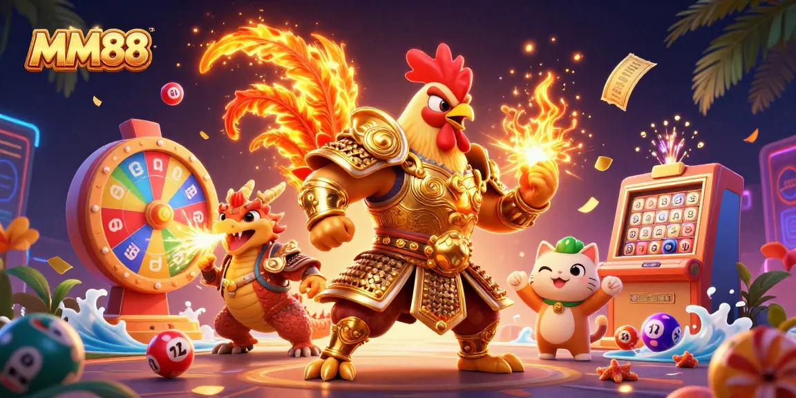 Experience the thrill at MM88 with colorful lottery elements and engaging characters in this vibrant casino scene.