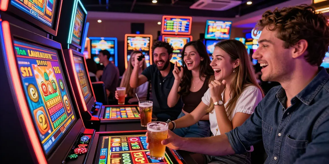 Friends excitedly playing bonus buy slots at a vibrant casino, engaging with animated features and colorful surroundings.