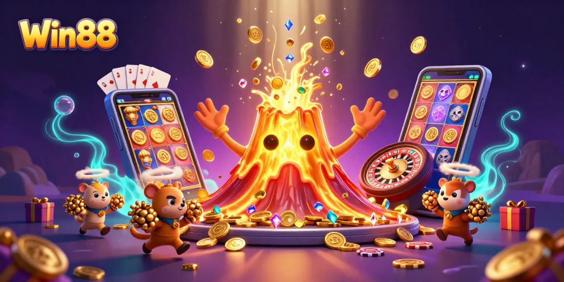 Win88 players enjoy fantastic treasures as the golden volcano erupts coins and gems.