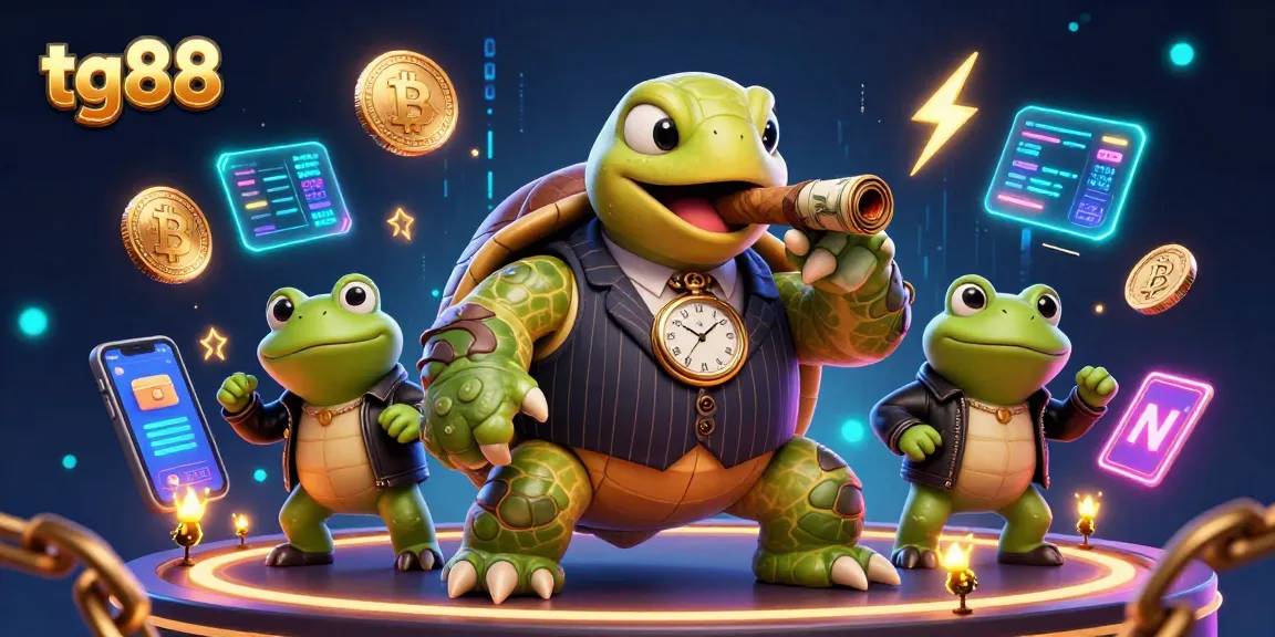 Engage in thrilling gaming adventures with tg88 featuring a turtle mobster and bullfrogs.