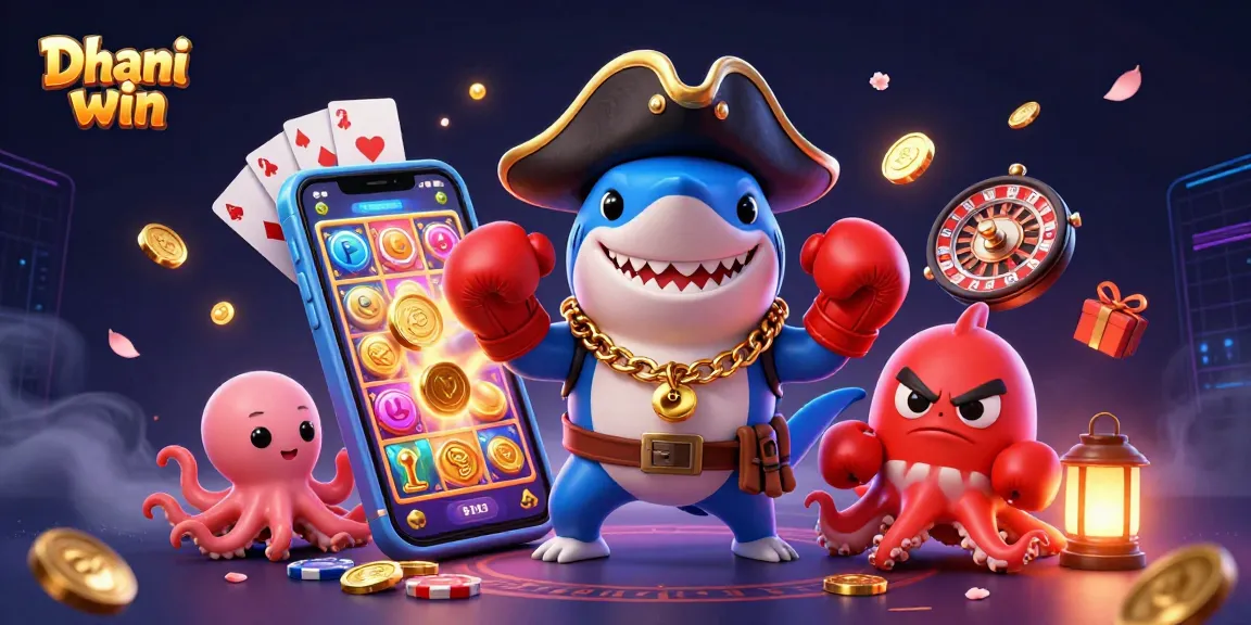 Dhani win brings excitement with a vibrant 3D scene featuring a shark, pufferfish, and octopus alongside dynamic gaming elements.