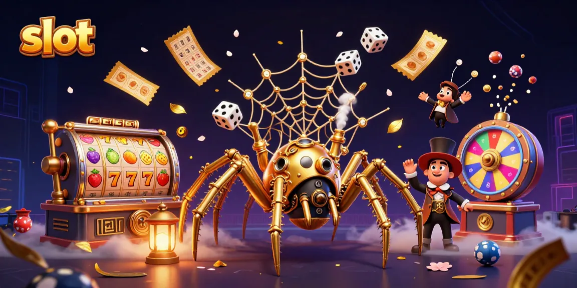 Slot yang menarik dengan simbal dan jackpot, dikelilingi oleh elemen kasino yang dinamis.