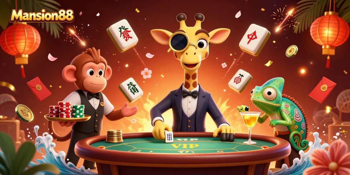Mansion88 offers a vibrant scene with a high-roller giraffe at a poker table, showcasing lively casino action.