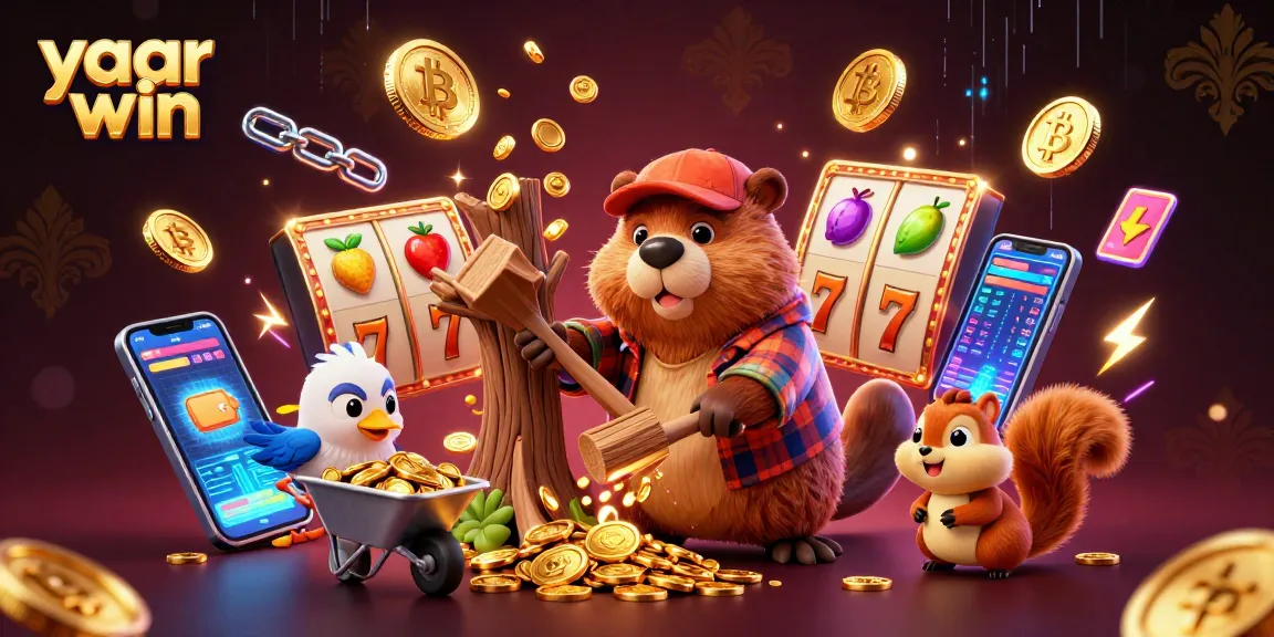 Engage with yaar win's vibrant casino scene featuring cartoon characters collecting coins and playing slot machines.