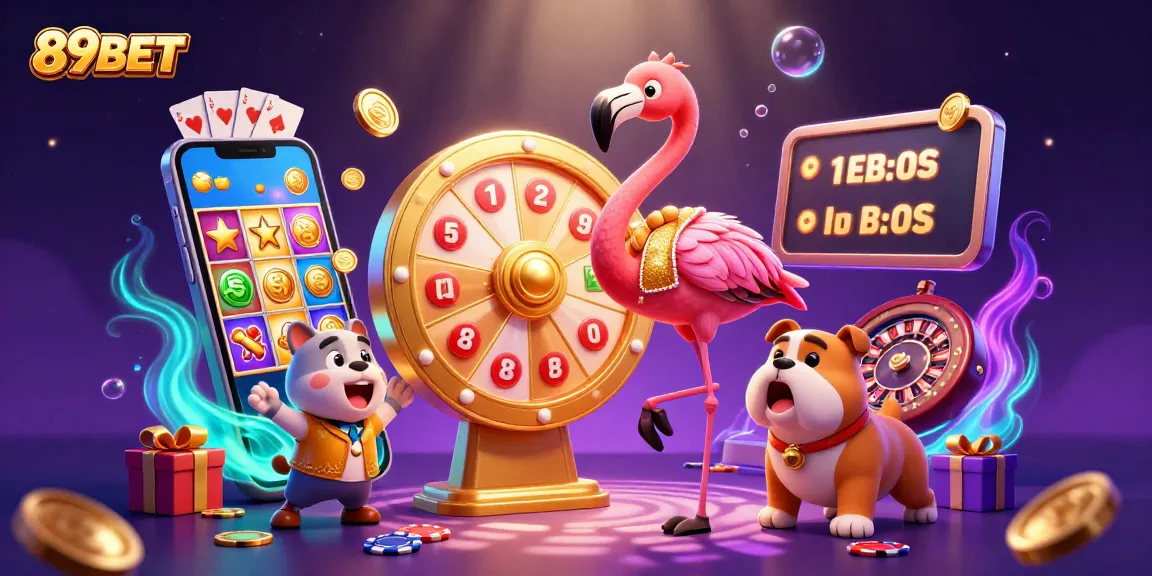 89BET spins a prize wheel with dynamic characters in a vibrant casino scene.