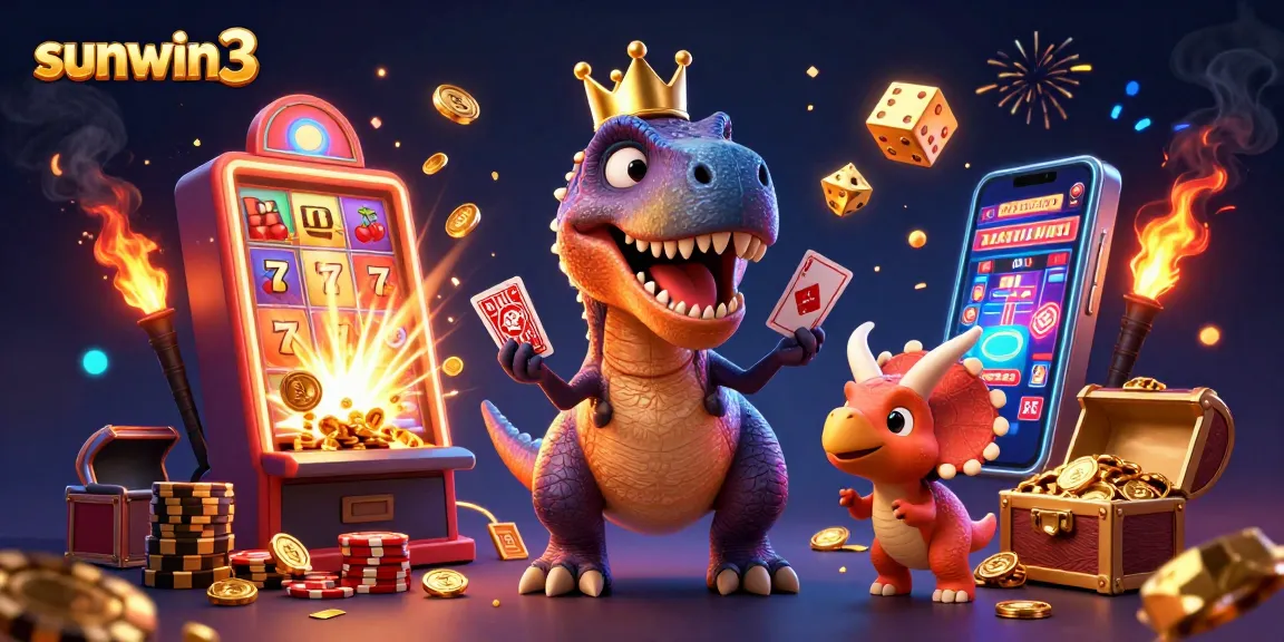 Win big with sunwin3 in this vibrant 3D casino scene featuring a T-Rex and friends enjoying the jackpots.