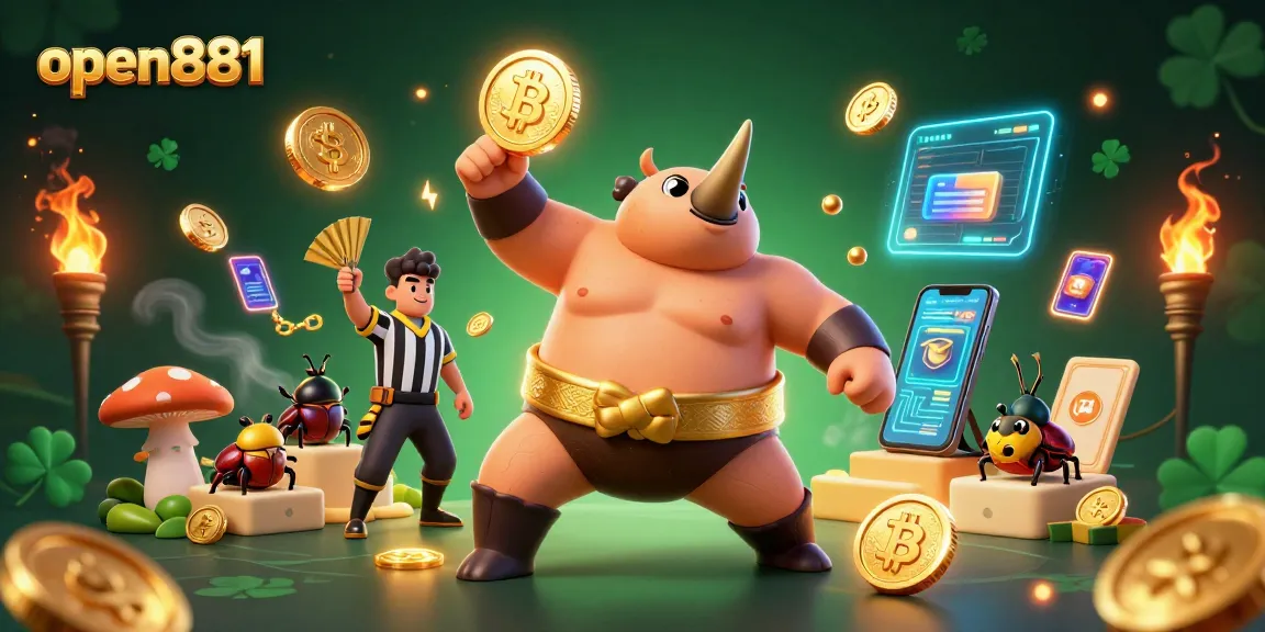 Experience thrilling moments at open881 with a charismatic sumo champion beetle amidst a cascade of golden coins.
