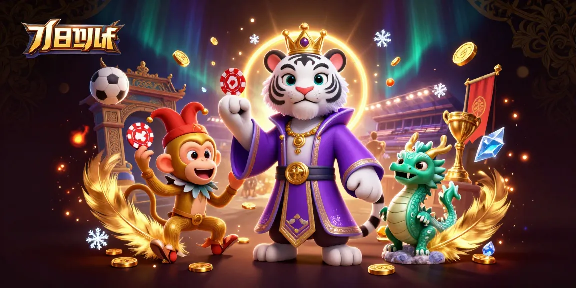 Engage in แทงบอล with a vibrant 3D scene featuring a royal tiger, playful monkey, and a jade dragon amid rich casino elements.