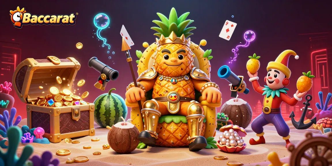 Experience Baccarat fun with a vibrant illustration of a golden pineapple king in a beach casino.