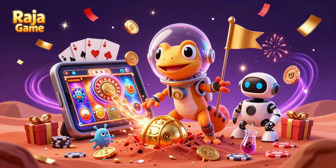 Experience Raja Game with a vibrant Martian gecko and casino elements revealing winning potential.