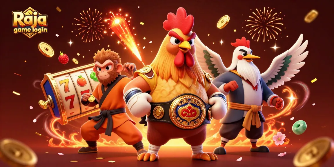 Experience Raja game login with our vibrant casino-themed illustration showing characters and slot reels.