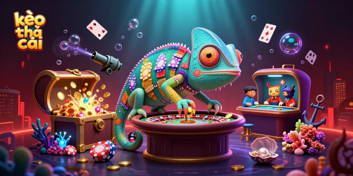 Engaging kèo nhà cái illustration showing a vibrant chameleon casino owner in a dynamic gaming scene.