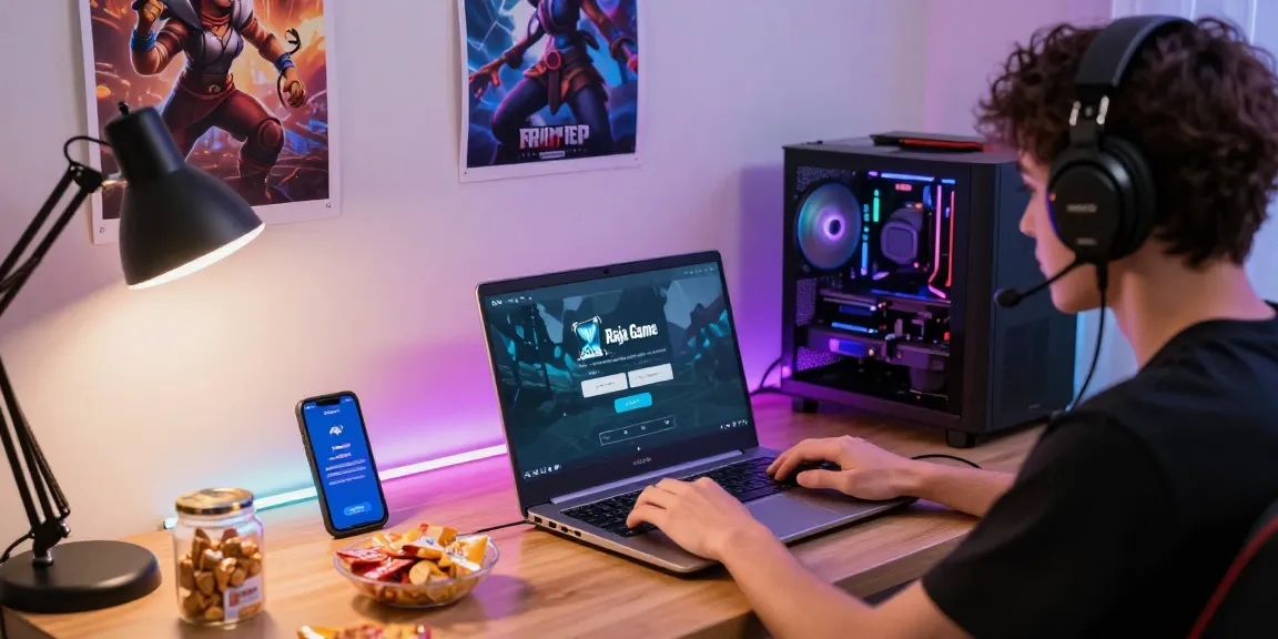 Young adult performing Raja Game login at a home gaming setup with LED lights.