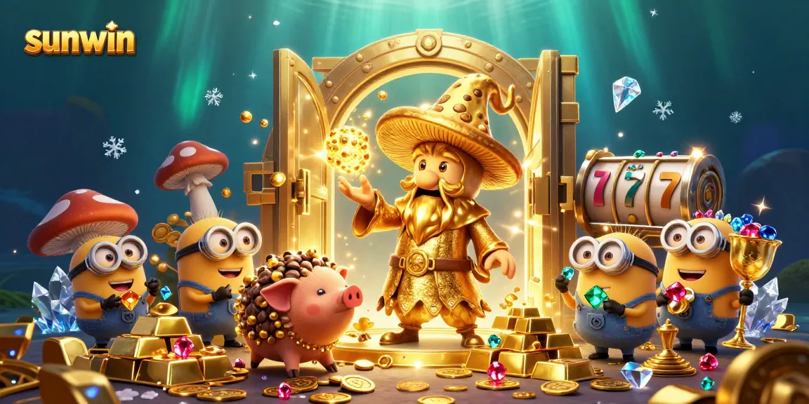 Experience sunwin's magical treasures with a golden wizard, gems, and slot reels in 3D.