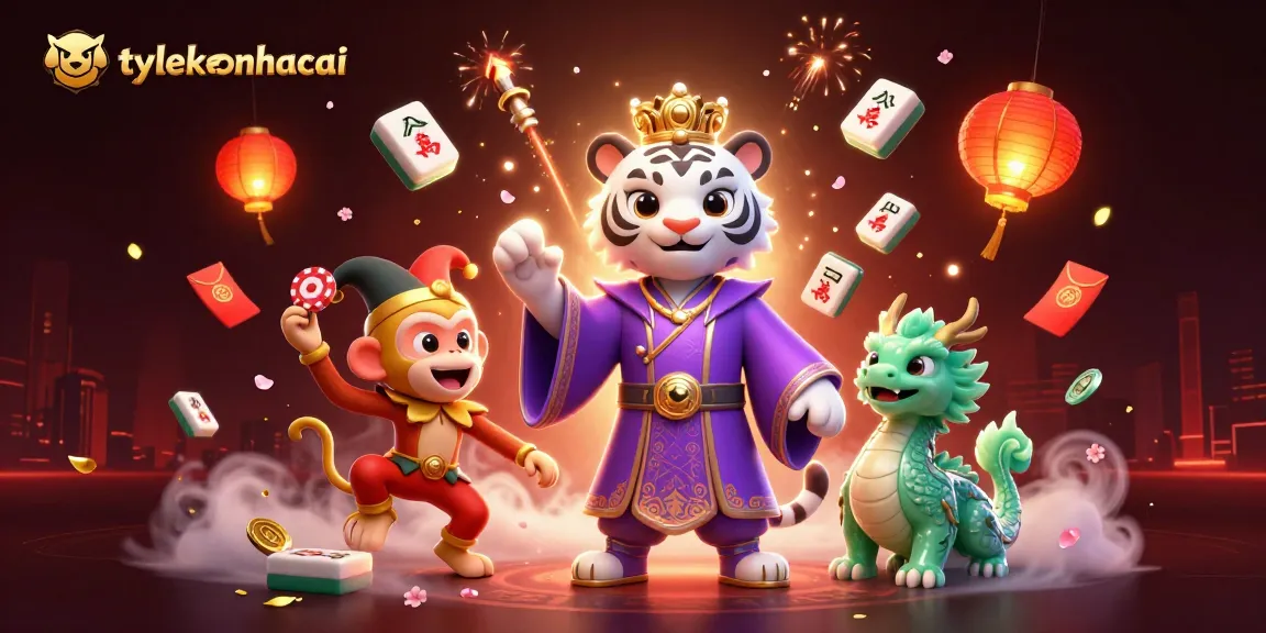 Experience sports betting excitement with tylekeonhacai featuring a white tiger and jester monkey in a vibrant scene.
