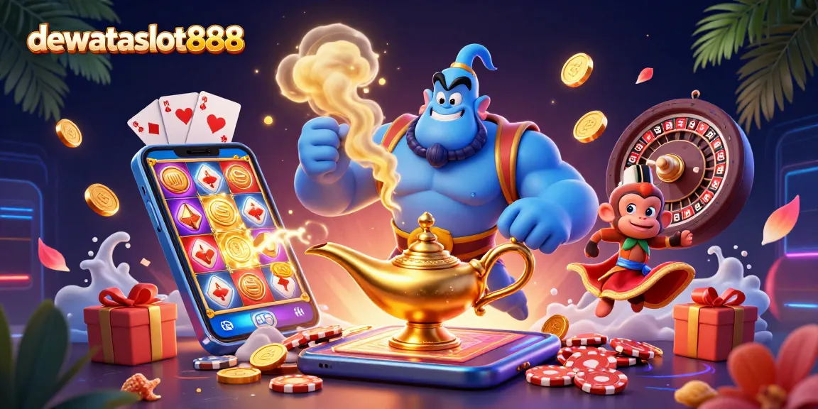 dewataslot888 menghadirkan jin berotot dan permainan slot yang menarik dalam ilustrasi 3D yang kaya detail.