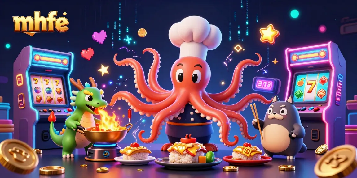 Experience thrilling gameplay with mhfe as a cartoon octopus chef, dragon, and tanuki enjoy casino action.