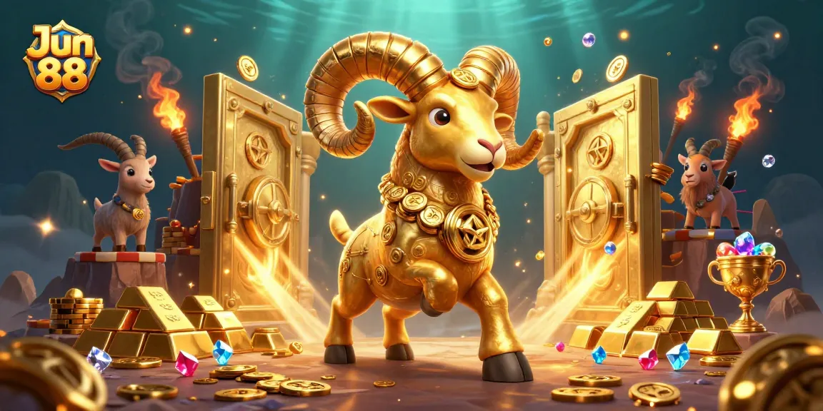 Jun 88 celebrates casino fun with 3D golden ram at a treasure-filled scene, full of excitement.