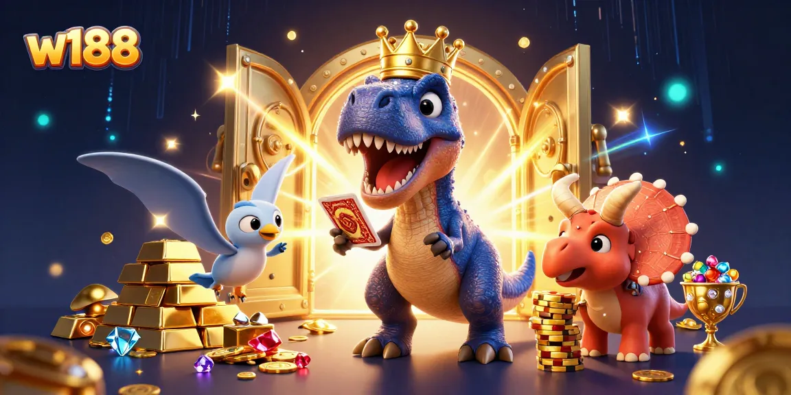 Join the fun at w188 with playful dinosaurs adding excitement to your casino experience!