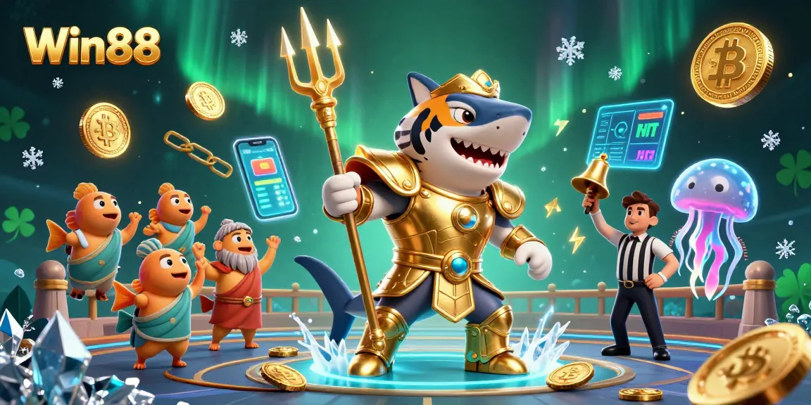 Engage with Win88's thrilling underwater casino scene featuring a shark, coins, and dynamic elements.