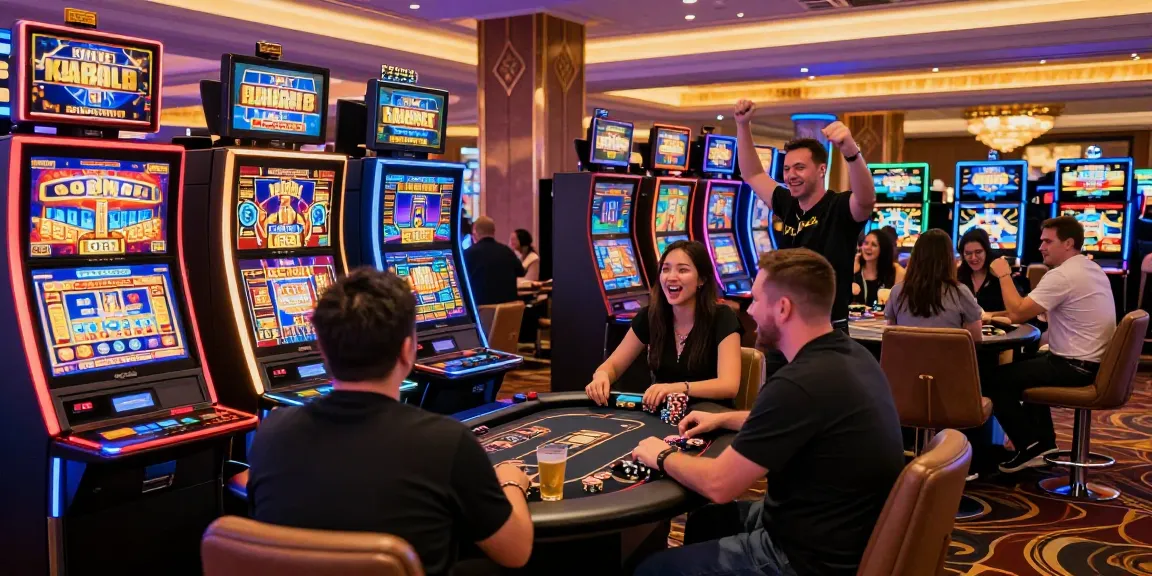 Pengunjung kasino merayakan kemenangan di mesin slot vegas123 yang ramai.