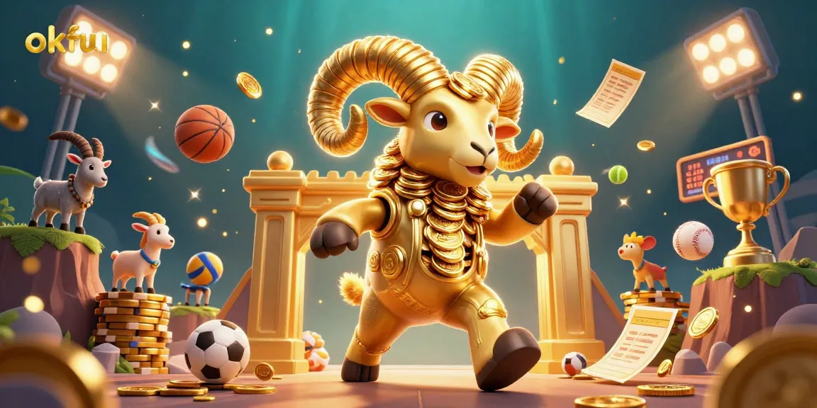 Engage with the thrilling action at okfun with an illustration of a golden ram charging through a dynamic casino scene filled with sports elements.