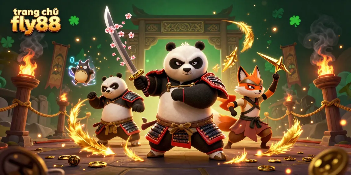 Experience excitement at trang chủ fly88 with a vibrant 3D casino scene featuring samurai and fox.