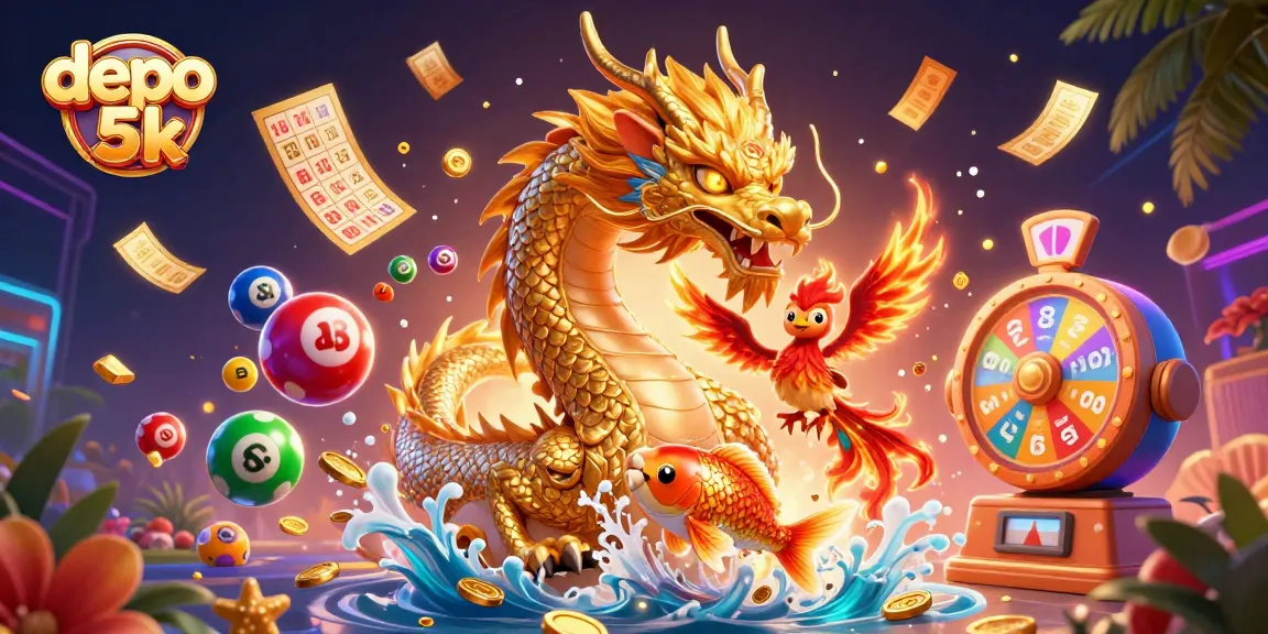 Experience the excitement of depo 5k with a vibrant scene of a golden dragon, phoenix, and koi fish among dynamic lottery elements.