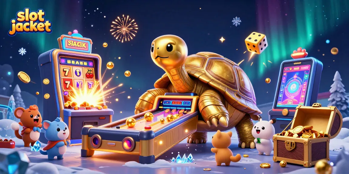 Mengalami permainan slot jackpot yang menakjubkan dengan mesin slot berkilau dan hewan kecil yang antusias.