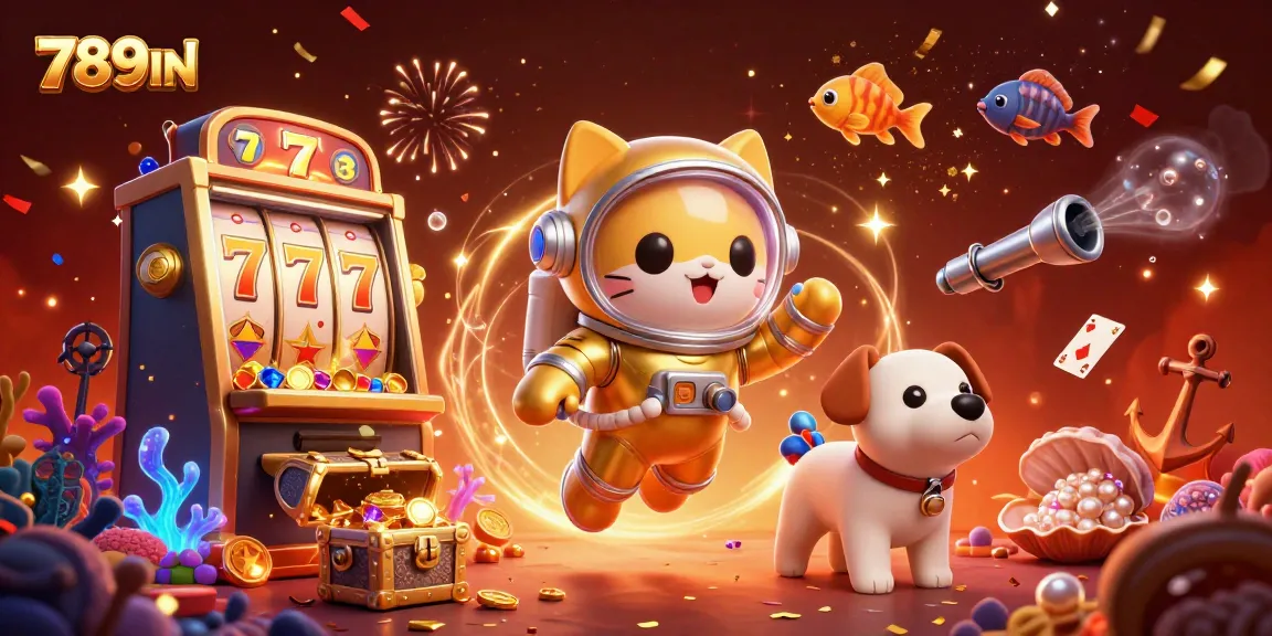 Join the fun with 789WIN as the astronaut cat and robot dog explore a lively casino world.