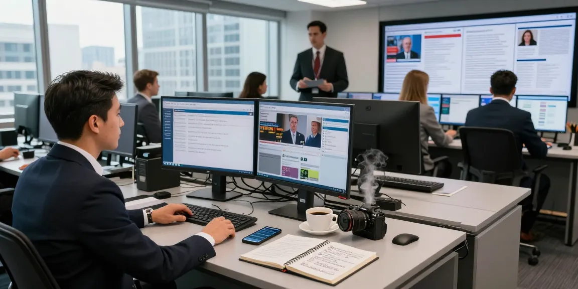 Modern newsroom at https://www.theindaily.com featuring journalists collaborating on breaking news stories amidst high-tech screens