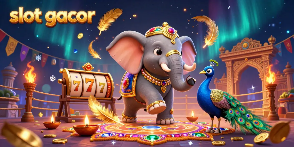 Spin the reels with slot gacor, featuring a vibrant scene of a Diwali-themed elephant and peacock amid gold coins and fun gaming elements.