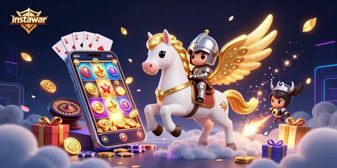 Spin to win with instawar as a cute knight rides a celestial horse amid vibrant casino elements.